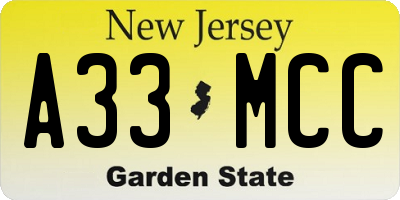 NJ license plate A33MCC