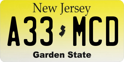 NJ license plate A33MCD