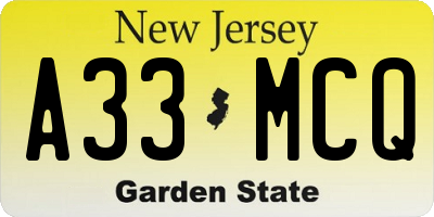 NJ license plate A33MCQ