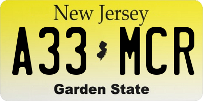NJ license plate A33MCR