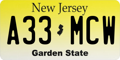 NJ license plate A33MCW