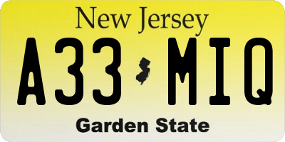 NJ license plate A33MIQ