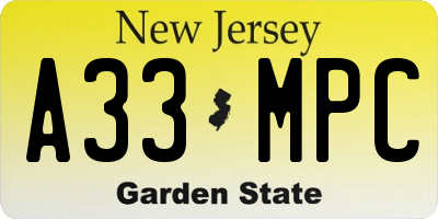 NJ license plate A33MPC