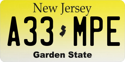 NJ license plate A33MPE