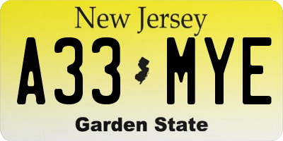 NJ license plate A33MYE