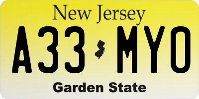 NJ license plate A33MYO