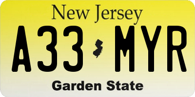 NJ license plate A33MYR