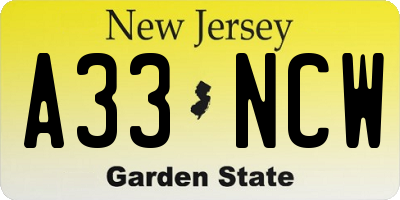 NJ license plate A33NCW