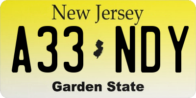 NJ license plate A33NDY