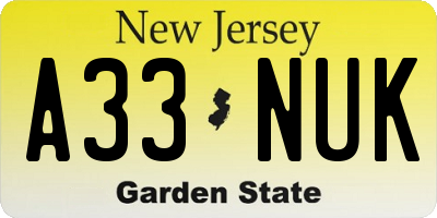 NJ license plate A33NUK