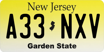 NJ license plate A33NXV