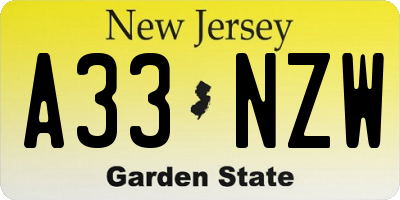 NJ license plate A33NZW