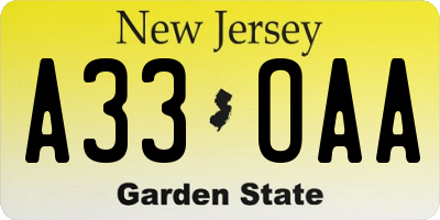 NJ license plate A33OAA