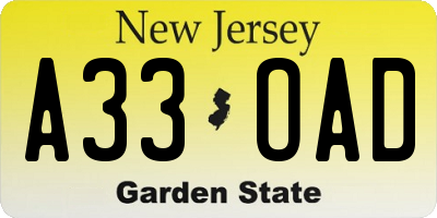 NJ license plate A33OAD