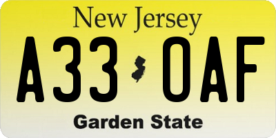 NJ license plate A33OAF