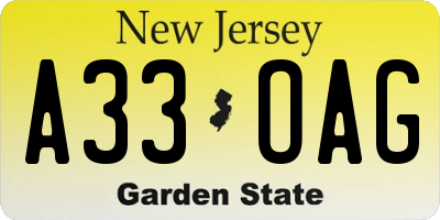 NJ license plate A33OAG