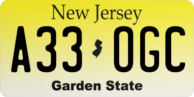 NJ license plate A33OGC