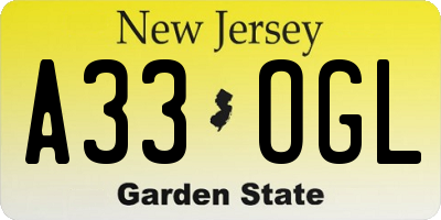NJ license plate A33OGL