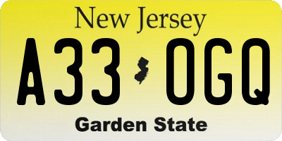 NJ license plate A33OGQ