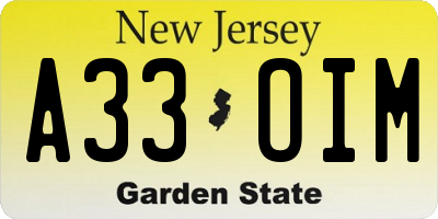 NJ license plate A33OIM