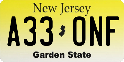 NJ license plate A33ONF