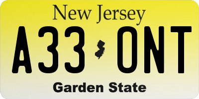 NJ license plate A33ONT