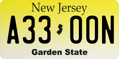 NJ license plate A33OON