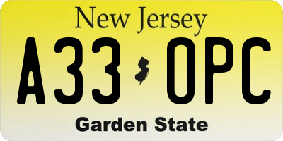 NJ license plate A33OPC