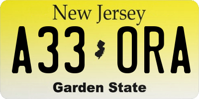 NJ license plate A33ORA
