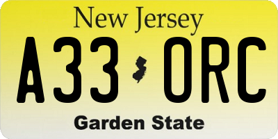 NJ license plate A33ORC