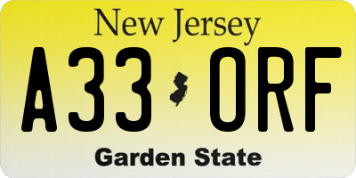 NJ license plate A33ORF