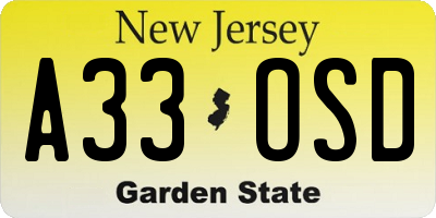 NJ license plate A33OSD