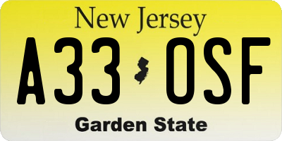NJ license plate A33OSF