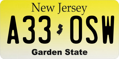 NJ license plate A33OSW