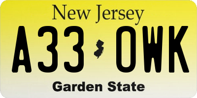 NJ license plate A33OWK