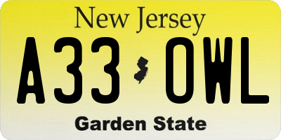 NJ license plate A33OWL
