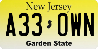 NJ license plate A33OWN