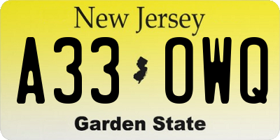 NJ license plate A33OWQ