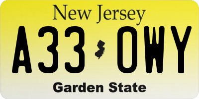 NJ license plate A33OWY