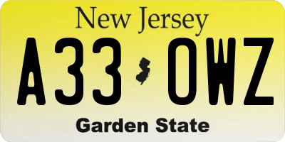 NJ license plate A33OWZ