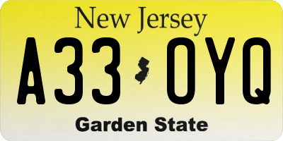 NJ license plate A33OYQ