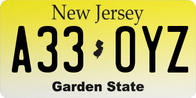 NJ license plate A33OYZ