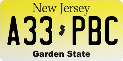 NJ license plate A33PBC