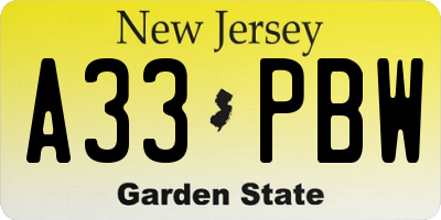 NJ license plate A33PBW