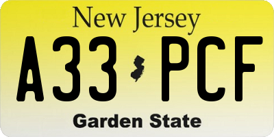 NJ license plate A33PCF