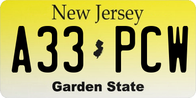 NJ license plate A33PCW
