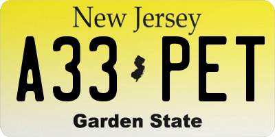NJ license plate A33PET