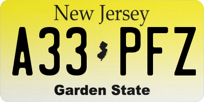 NJ license plate A33PFZ