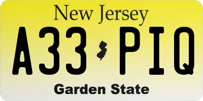 NJ license plate A33PIQ