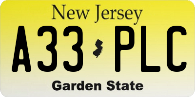 NJ license plate A33PLC